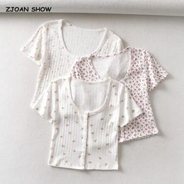 Womens TShirt Harajuku 70s Vintage O neck Floral Short Sleeve Tee Base Tshirts Summer Girl Singlebreasted Button Tshirt crop top 230516