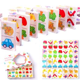 Blocks 28pcs Wooden Domino Fruit Animal Recognise Dominoes Games Jigsaw Montessori Children Learning Education Puzzle Baby Toy 230516