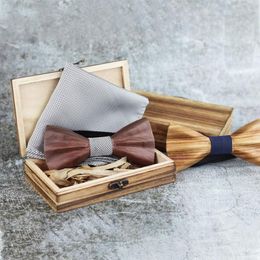 Bow Ties Mens 3D Wooden Bowtie Pocket Square Cufflinks Set Brown Black Jacquard Handkerchief Tie Suit Wedding Accessories Gifts