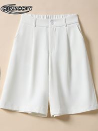Women's Shorts White Suit Shorts Women High Waist Oversized Women's Summer Shorts Button Pockets Straight Shorts Ladies Knee-Length Pants 230516