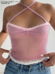 Women's Tanks Camis Nadafair Gradient Knitted Sexi Camis Mohair Y2K Summer 2023 Hollow Out Cute Halter Backless Tank Streetwear 90S Girls Crop Top T230517