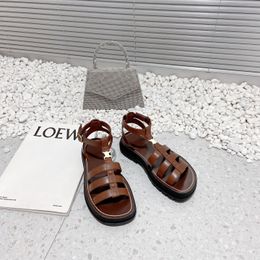 Top Quality Cowhide Leather Chunky Sandals Adjustable Buckle Ankle-strap Sandal Flats Slippers Platform Designers Slides Factory Footwear Original Quality