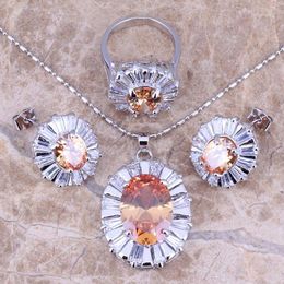 Necklace Earrings Set Champagne Morganite White CZ Silver Plated Pendant Ring Size 6 7 8 9 10 S0055