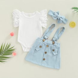 Clothing Sets CitgeeSummer Infant Born Girl Outfits Flying Sleeve Solid Color Romper Suspender Buttons Shorts Hairband Clothes Set