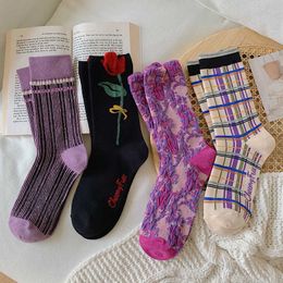 Socks Hosiery New purple female socks embroidered ethnic harajuku crew socks japanese korean fashion vintage streetwear long socks P230517