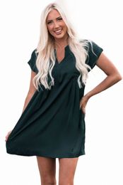 green Notched Neckline Cuffed Short Sleeve Shift Dress y9Ak#