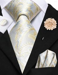 Bow Ties Tie With Brooch Champagne Paisley Silk Elegent Necktie For Men Handky Cufflink Fashion Wedding Business Party Hi-Tie Designer