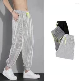 Men's Pants Ice Silk Summer Thin Loose Elastic Waist Ankle-Length Sports Casual Men