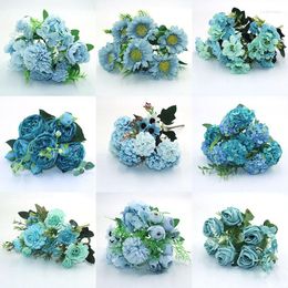 Decorative Flowers Blue Variety Autumn Fake Tea Rose Peony Silk Flower Gerbera Daisy Plastic DIY Wedding Home Accessories