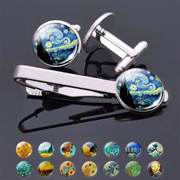 Van Gogh Simple Necktie Clip Gentleman Cufflinks Tie Clips Set for Mens Glass Jewelry Starry Night Sky Sunflower Gift Package