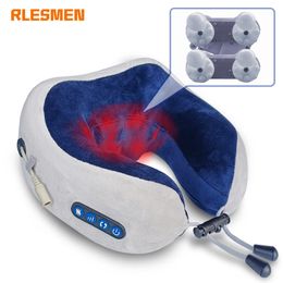 Back Massager RLESMEN 4 Heads Travel Pillow Neck Massager Relaxation Heating Vibrator Ushaped Cervical Vertebra Electric Massage Health Care 230517