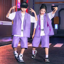 Stage Wear Kids Hip-hop Dance Costume Girls Summer Lapel Purple Sleeveless Blazer Jacket Casual Loose Shorts 2pcs Streetwear Boys Clothing