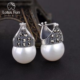 Dangle Chandelier Lotus Fun Real 925 Sterling Silver Natural Mother of Pearl Earrings Fine Jewelry Vintage Fashion Drop Earrings for Women Brincos 230516