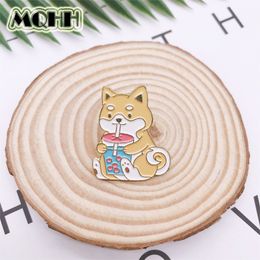 Cartoon Cute Animals Enamel Brooch Dog Shiba Inu Drink Water Pin Custom Alloy Badge Clothes Bags Punk Accessories Jewellery Gifts