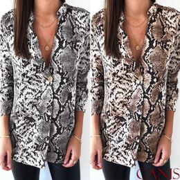 Women's Blouses Shirts Women snake skin print t shirt top ladies loose button v neck blouse casual size long sleeve fashion ladies chiffon vintage P230517