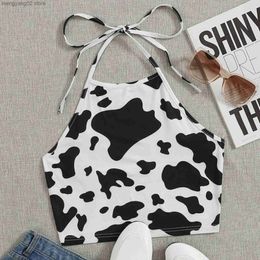 Women's Tanks Camis Ladies Summer Tops Milk Cow Print Black White Cute Crop Top Camis Kawaii Sleeveless Halter Neck Top Cami Streetwear Y2k Egirls T230517