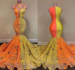 Elegant Yellow Orange Mermaid Evening Dresses for Women Lace Applique See Through Jewel Neck Sweep Train Formal Birthday Celebrity Pageant Party Prom Gowns