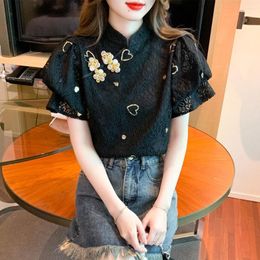 Women's Blouses Summer Korean Style Stand Collar Women Blouse Vintage Bubble Sleeve Lace Shirt For Ladies Unique Beautiful Sweet Blusa Mujer