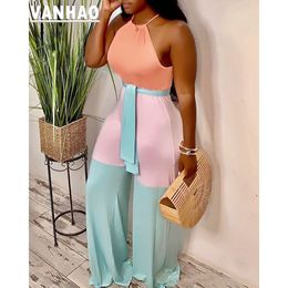 Womens Jumpsuits Rompers Two Piece Pants VANHAO Summer Women Fashion Contrast Colour Bandage Long Jumpsuit Ladies Sexy Halter Skinny Romper Wholesale Drop 230516