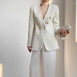 Women's Jackets Design Sweet Wool Tweed Jacket Fashion Womens Wide-Waisted V-Neck Single Button Tassel Spliced Short Outerwear
