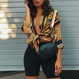 Women's Blouses Shirts 2021 spring feminine elegant party button loose shirt turn-down collar female leopard print knot front sleeve long blouse P230517