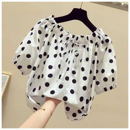 Women's Blouses Sweet Slash Neck Lace Up Bow Folds Polka Dot Blouse Women's Clothing 2023 Spring Casual Pullovers Chiffon Office Lady