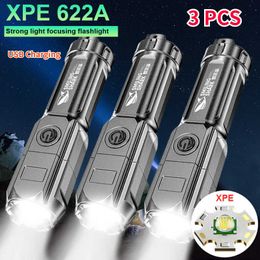 Flashlights Torches 3PCS Powerful LED Flashlight Super Bright Outdoor Tactical Torch USB Rechargeable Waterproof Zoom Fishing Hunting Flashlights P230517