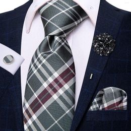 Bow Ties Plaid Grey Tie With Brooch Silk Elegent Necktie For Men Handky Cufflink Fashion Wedding Business Party Hi-Tie Designer