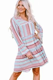 boho Printed Tiered Bell Sleeve Babydoll Dress 78e5#