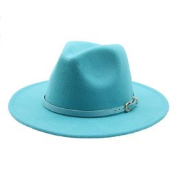 Wide Brim Hats Fedora Men Women Solid Lake Blue Belt Band Felted Spring Winter Casual Outdoor Formal Dress Jazz Caps