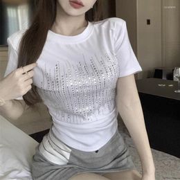 Women's T Shirts Summer Heavy Industry Diamond Short Sleeve T-shirt For Women Sweet Girl Shoulder Pad Design Sense Niche Y2k Cropped Top