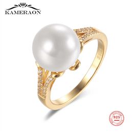 Band Rings Kameraon Sterling Silver S925 10mm Pearls White/Blk Rings for Women Engagement Fine Jewellery Party Wedding cessories Gifts J230517