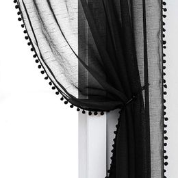 Curtain Black Pompom Sheer Curtains For Living Room Linen Window White Pom Tulle Draperies Bedroom Princess