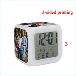 Desk Table Clocks Personalised Led Colorf Lights Clock Sublimation Blank Square Colour Changing Alarm With Temperature Display Chri Dhwxt