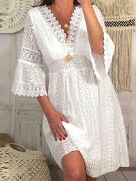 Casual Dresses Spring Fashion Women's Solid Hollow Office Mini Dress Sexy V-neck Lace Summer 3/4 Flare Sleeve Party