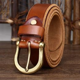 Belts Classic Retro Style Pure Copper Horseshoe Buckle No Interlayer Thicken Cowhide Men's Belt Genuine Leather Jeans Soft