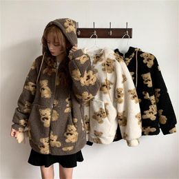 Women's Jackets Women Winter Fuzzy Plush Hoodie Jacket Cartoon Bear Print Oversized Loose Coat Harajuku Warm Zip Up Sweatshirt Outwear