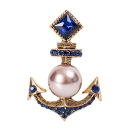 Retro Crystal Pearl Anchor Brooch Pins Rhinestones Cardigan Sweater Lapel Pin Luxulry Jewelry Brooches for Women Accessories