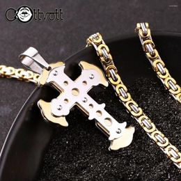 Pendant Necklaces Punk Necklace Hollow Botton Cross Strong Heavy Stainless Steel Long Link Byzantine Chain Men Jewellery Father Gift MN51