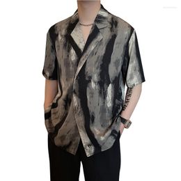 Men's Casual Shirts Men Suit Collar Loose Vintage Tie Dye Print Short Sleeve Male Japan Korean Streetwear Business Dress Shirt Blouses