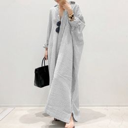 Casual Dresses Gaun baru musim panas untuk wanita mode kardigan bergaris longgar kasual elegan komuter gaun panjang atasan 230516