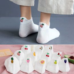 Socks Hosiery Casual solid white female socks fruits embroidered harajuku ankle socks avocado watermelon peach banana short socks P230517