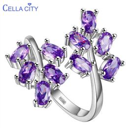 Band Rings Cellity Opening adjustable Silver 925 Jewellery Gemstones Ring for Women Amethyst Ruby Powder crystal Plant Leaf Gift Wholesale J230517