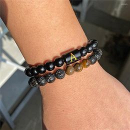 Strand 2pcs/set Punk Black Letter Pattern Lava Natural Stone Round Bead Bracelets Adjustable Braided Rope For Men Fashion Jewellery