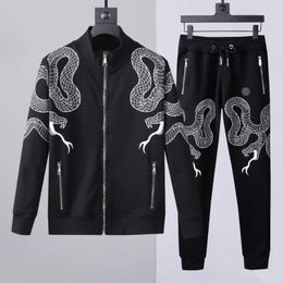 Men's Tracksuits 2023 Men's Set Cotton Double Snake Print Diamond Sweater Pants 2 Pieces Italian Fashion Uomo Moletom Masculino Luxury