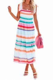 multicolor Tie Shoulder Strap Striped Midi Dress T0rX#