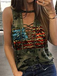 Women's Tanks Camis Sexy Lace Up Tank Top for Women Camouflage Leopard American Flag Sleeveless Shirts Summer V-Neck Hollow Out Blouses 2023 T230517