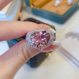 Band Rings Romantic Heart Shape Silver Colour Rings for Women Pink Zircon Crystal Lab Diamond Engagement Promise Ring Trendy Jewellery J230517