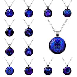 Fashion Galaxy 12 Constellations Design Pendant Necklaces for Women Men Zodiac Signs Horoscope Astrology Glass Cabochon Round Circle Creative Necklace Jewellery