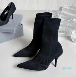 Cuff Ribbed Sock Heels Ankle Boots Stretch Knit Black Leather Lace Up Biker Booties Women's Shoes 8.5cm 35-41size